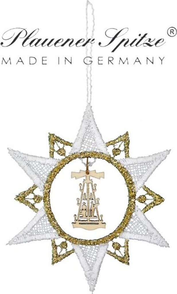 Baumbehang Stern 14 cm, 6 Stück, Spitze gepaart mit echter erzgebirgischer Holzkunst, Pyramide