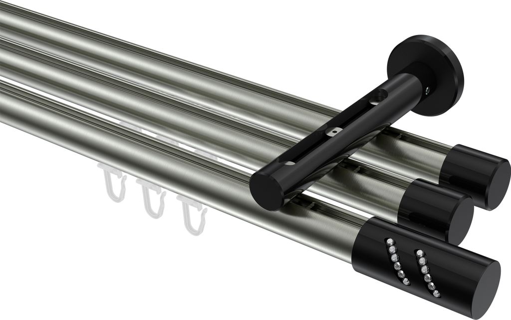 Interdeco Innenlaufstange / Gardinenstange mit Innenlauf Edelstahl-Optik / Schwarz, Typ Siteno Zoena (Glitzerzylinder), 20 mm Ø 3-läufig, 240 cm
