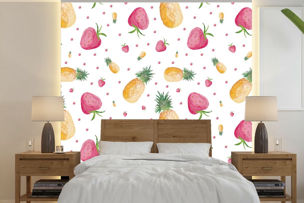 MuchoWow Fototapete für Wohnzimmer oder Schlafzimmer Wandtapete Vinyl Motivtapete Erdbeeren - Ananas - Aquarell - Schablonen - 350x350 cm - Schl...