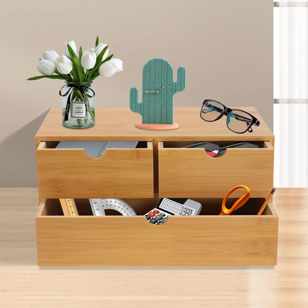 Organiseur bureau moderne en bambou, surface lavable et 3 compartiments - 2