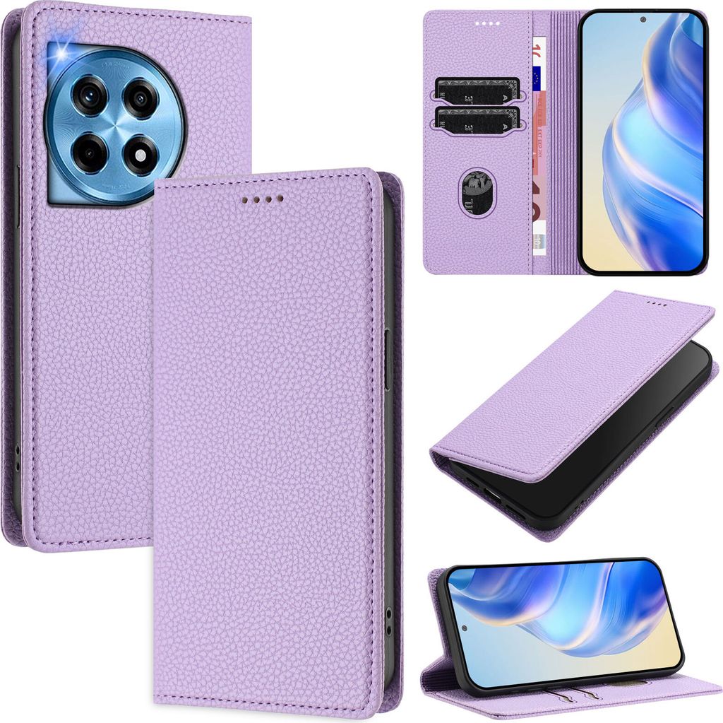 Litchi Leder Handyhülle für OnePlus 12R Wallet Kartenfächer Standfunktion Hülle Violett