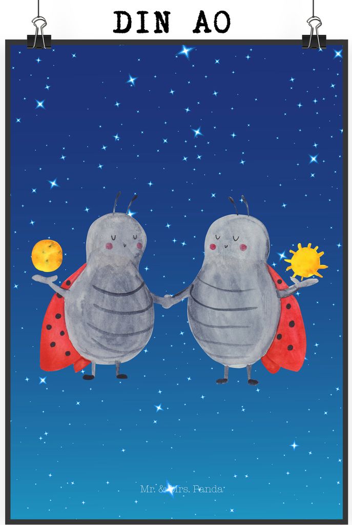 Mr. & Mrs. Panda Bild Sternzeichen Zwilling DIN A0 - Sternenhimmel Blau - Geschenk, wanddeko, Kunstdruck, Wandbild, Zwillinge, Marienkäfer, kunstp...