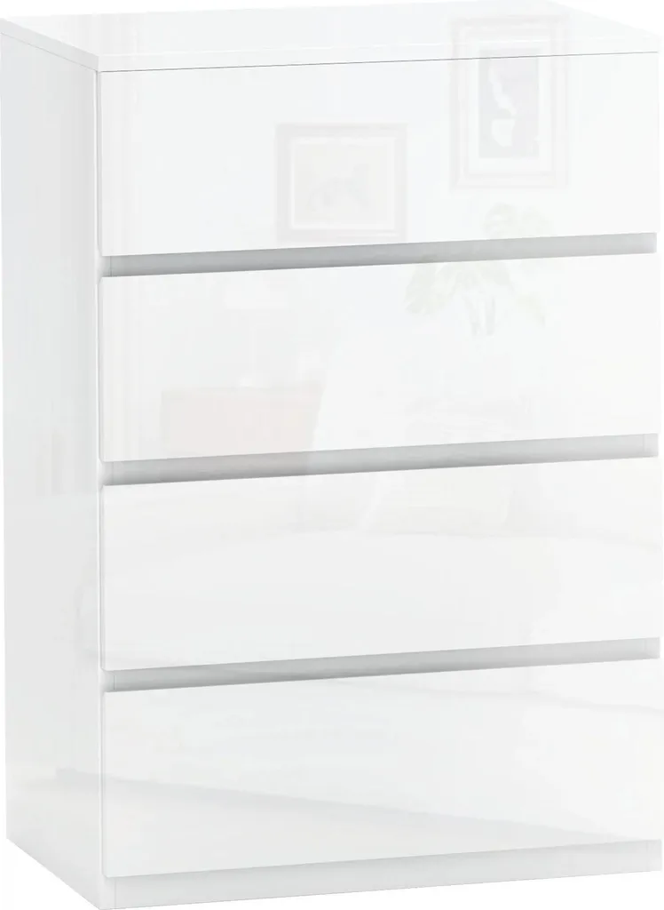 Chiffonnier blanc brillant 4 tiroirs, meuble de rangement gain de place