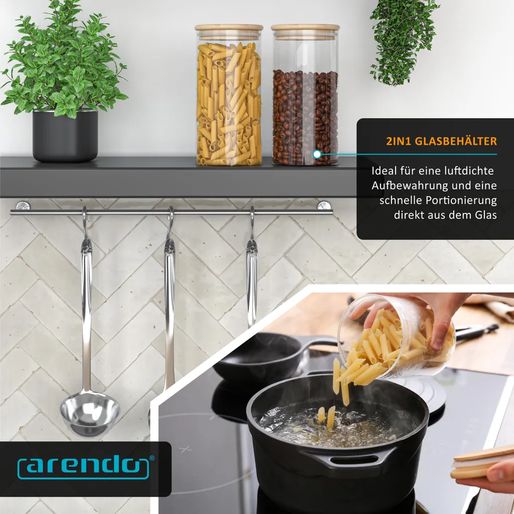 Arendo barattoli per la conservazione, set di barattoli in vetro 6x 1,5 litri borosilicato, coperchio in bambù, adesivo e pennarello, set di 6, resistenti al calore, ermetici, adatti al microonde e al lavaggio in lavastoviglie - 6