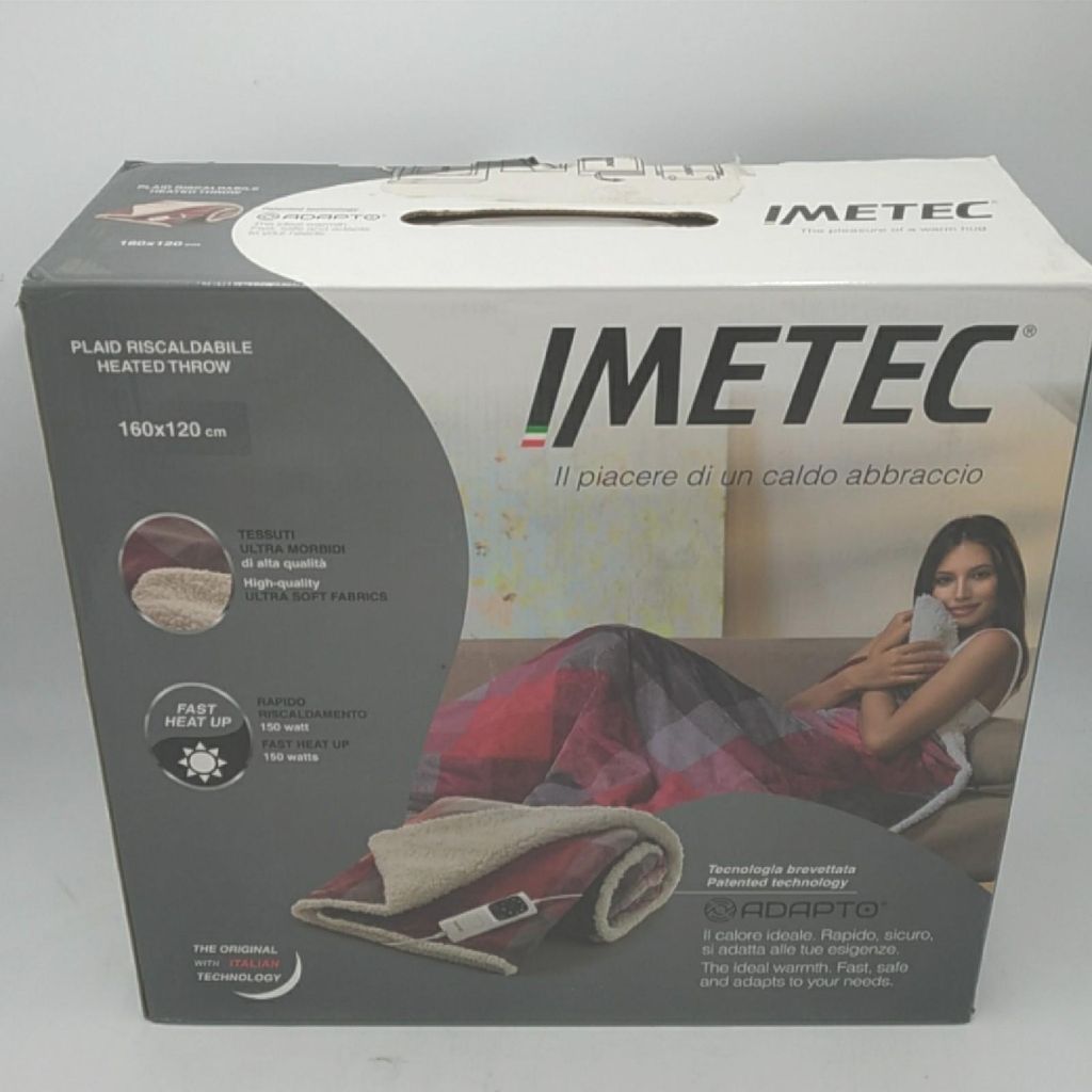 The image shows the retail packaging of a heated throw blanket.
