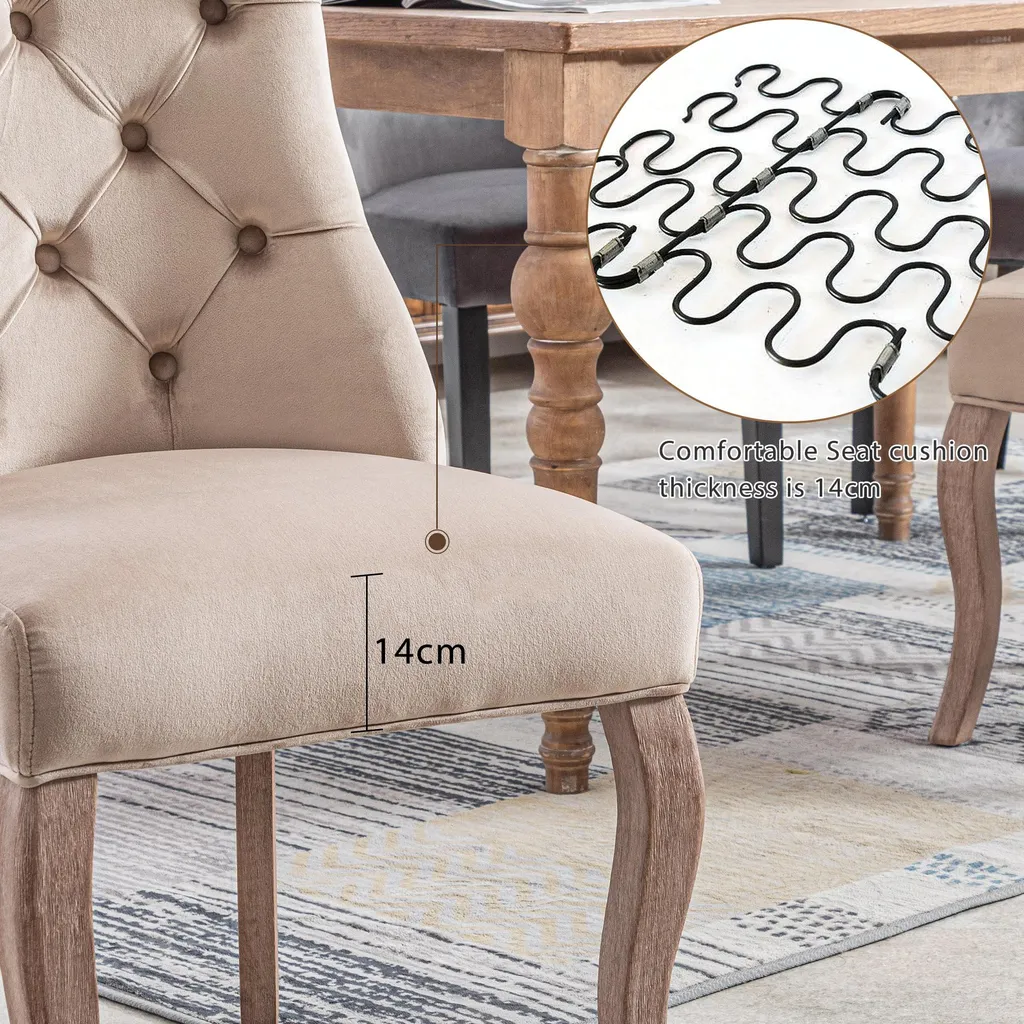Chaise Velours Beige et Bois Massif Lot de 2 avec Dossier Haut Confort