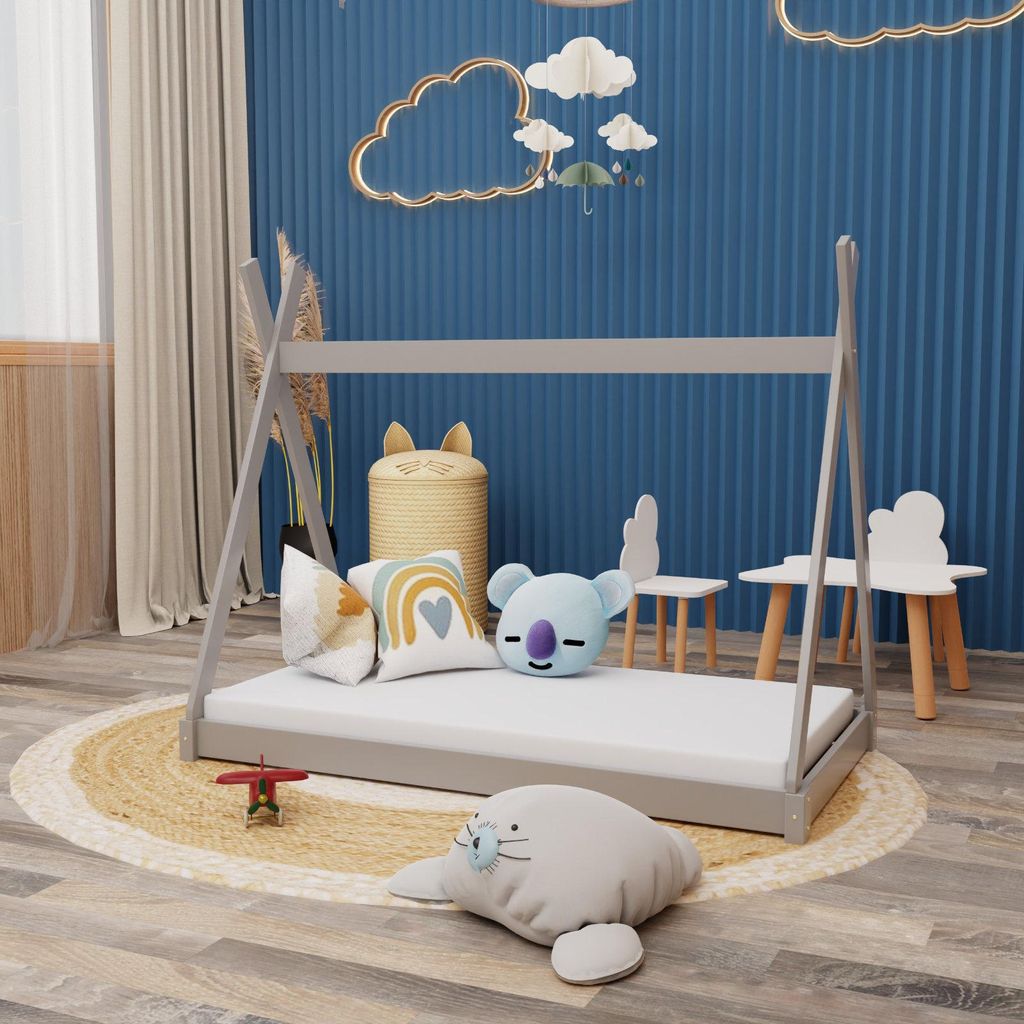 Montessori Kinderbett 140x70cm grau Tipi Spielbett Zeltform Holz bodentief mit Lattenrost mit 100 Matratze