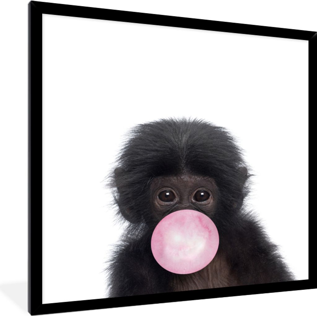 MuchoWow Gerahmtes Poster Affe - Kaugummi - Kinder - Mädchen - Rosa - Tiere - Schimpanse 40x40 cm - Poster mit Schwarzem Bilderrahmen Wandposter...