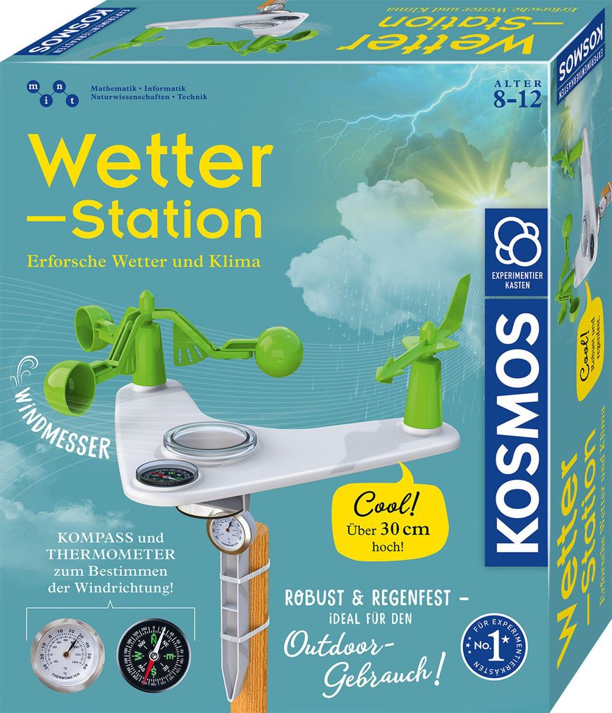 The image shows the packaging of a KOSMOS Wetterstation (Weather Station) experiment kit, featuring a graphic of the product and illustrative elements of weather.