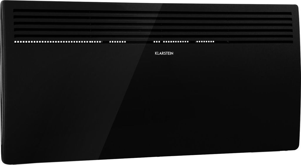 A black electric heater with a glass front and a vent at the top.
