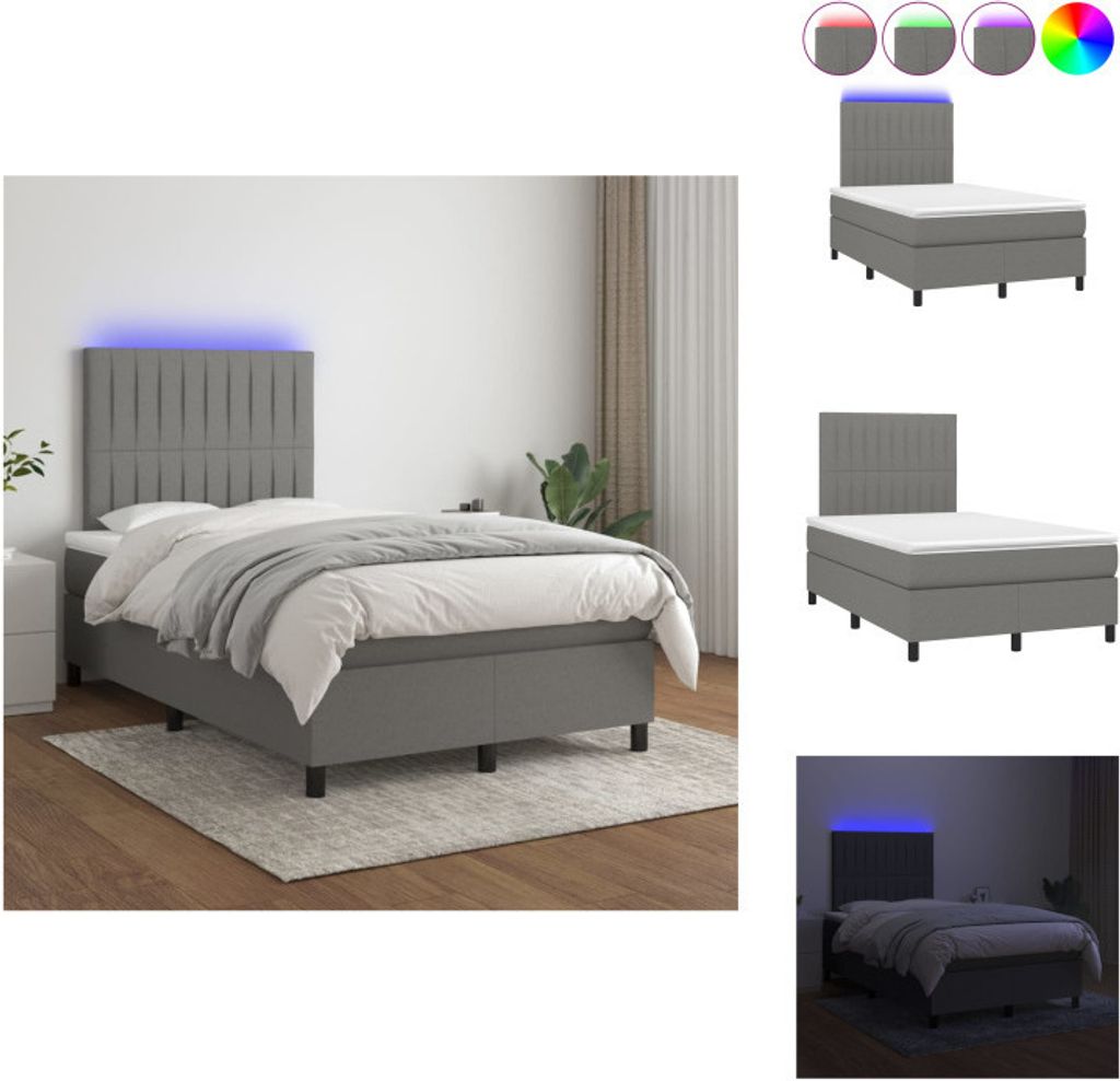 vidaXL Boxspringbett mit Matratze & LED Dunkelgrau 120x200 cm Stoff - Betten & Bettgestelle