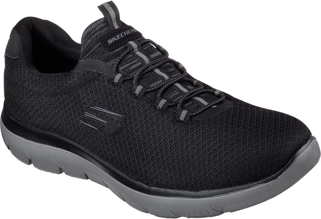 A black Skechers sneaker with a gray sole is shown against a white background.