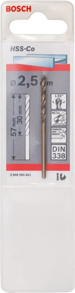 Punta Metallo HSS-Co DIN 338 2.5mm | Cobalto 5% per Inox e Acciai