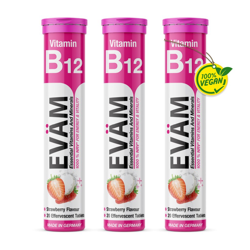 EVÄM Vitamin B12 Brausetabletten Geschmack Erdbeere 3x 20 Stück Vitamin C hochdosiert Nahrungsergänzungsmittel zur Unterstützung des Immunsystems