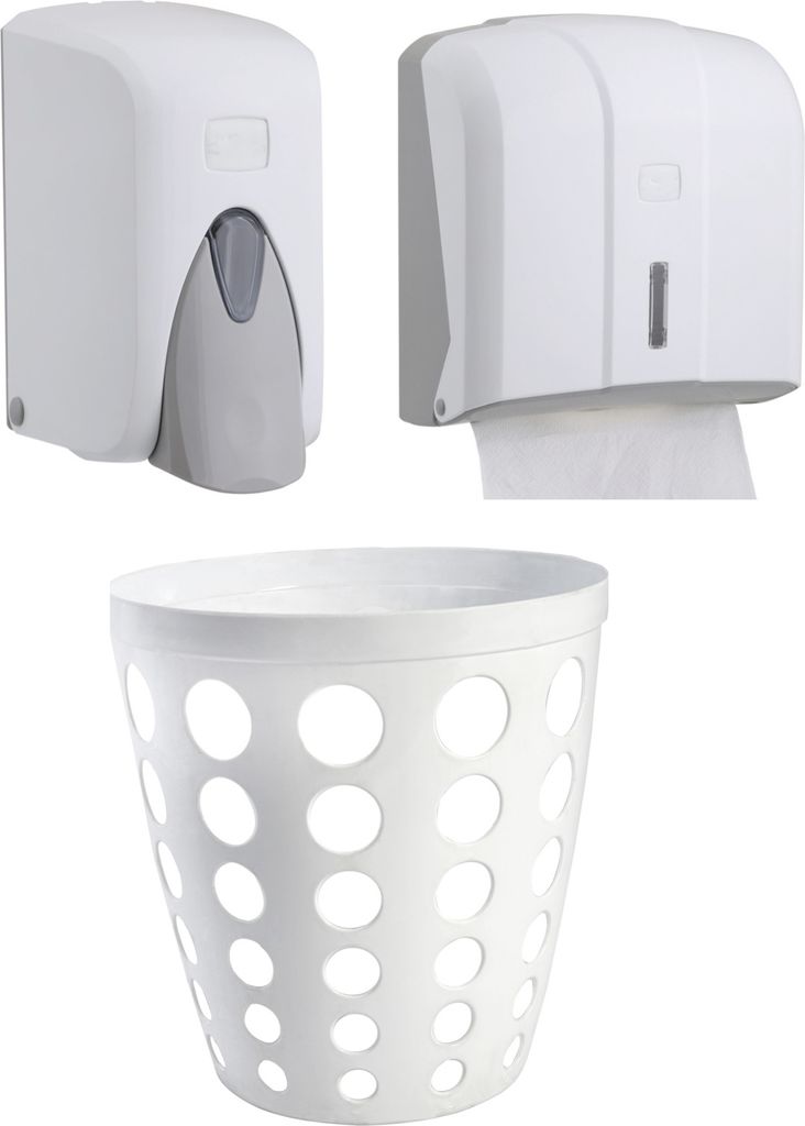 CleanSV Via Set 3 teilig Weiss Seifenspender 1000 ml Papierhandtuchspender Papierkorb