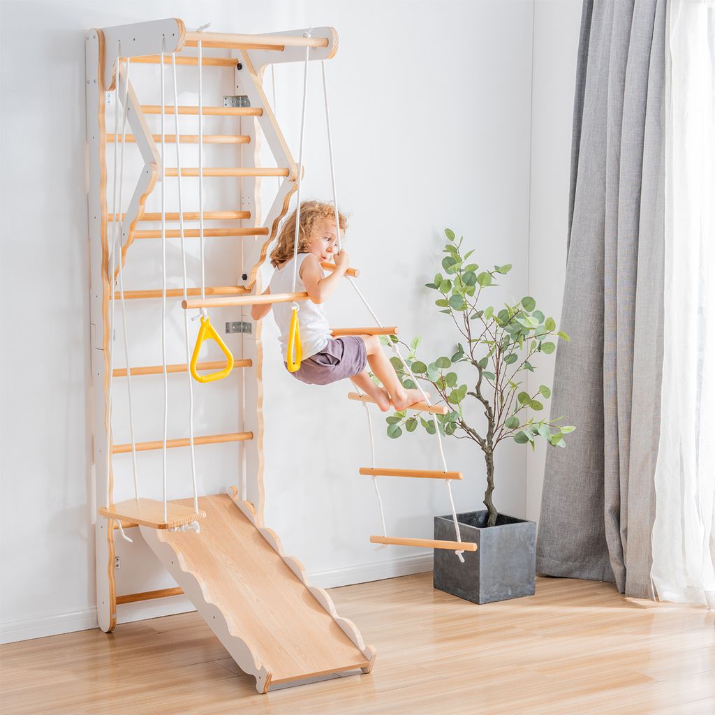 6-in-1 Multifunktions Spielturm Klettergerüst mit Rutsche Schaukel Krabbelleiter Klettergerüst Klimmzugsbereich Ringe Kletterturm