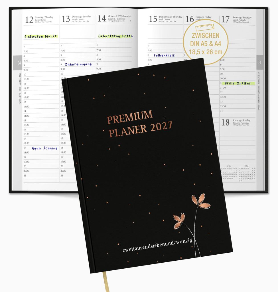 Premium Planer 2027 Buchkalender schwarz Roségold, Produktbild 