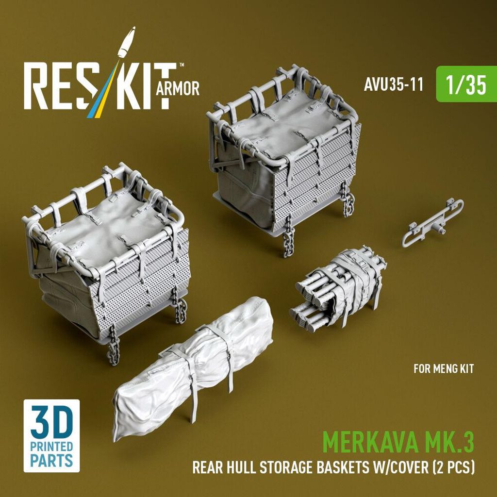 ResKit AVU35-0011 - 1:35 Merkava Mk.3 rear hull storage baskets w/cover (2 pcs) for Meng kit (3D Printed)