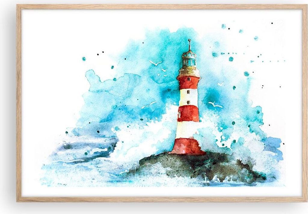 Gerahmtes Poster - Rahmen in heller Eiche - Leuchtturm Wasser Illustration Welle - 91,5x61 cm - Wand Bild - Wanddeko - Wandbilder - Wandposter - Bi...
