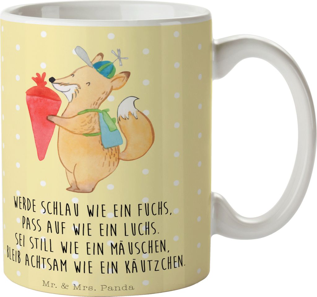 Mr. & Mrs. Panda Kaffeetasse Fuchs Schulkind - Gelb Pastell - Geschenk, Trinkbecher, schöne tasse, Lustige Sprüche, kaffeebecher bedruckt, Pott
