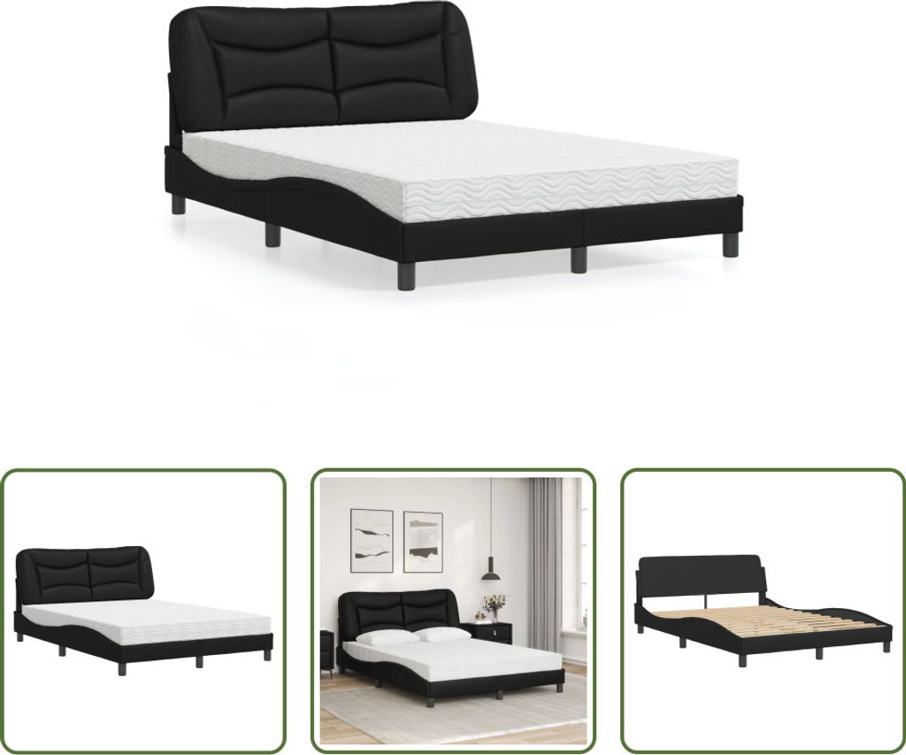 The Living Store Bett mit Matratze Schwarz 140x190 cm Kunstleder