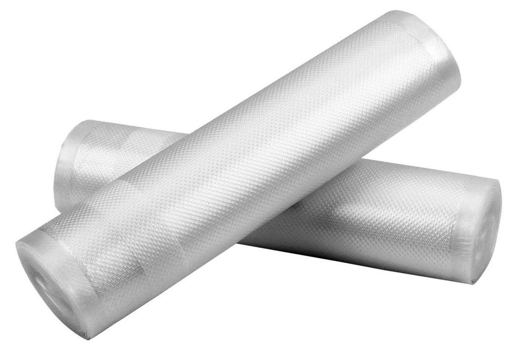 Two rolls of vacuum sealer bags are shown diagonally on a white background.
