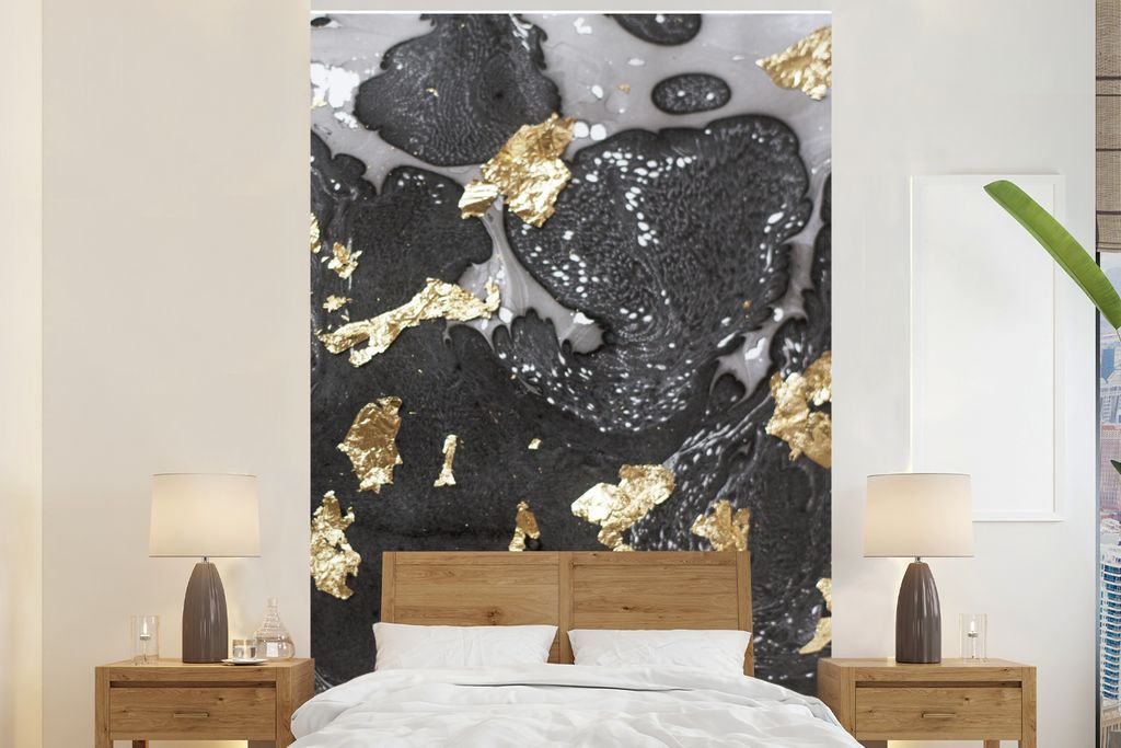 MuchoWow Fototapete für Wohnzimmer oder Schlafzimmer Wandtapete Vinyl Motivtapete Marmor - Gold - Schwarz - 145x220 cm - Wanddekoration