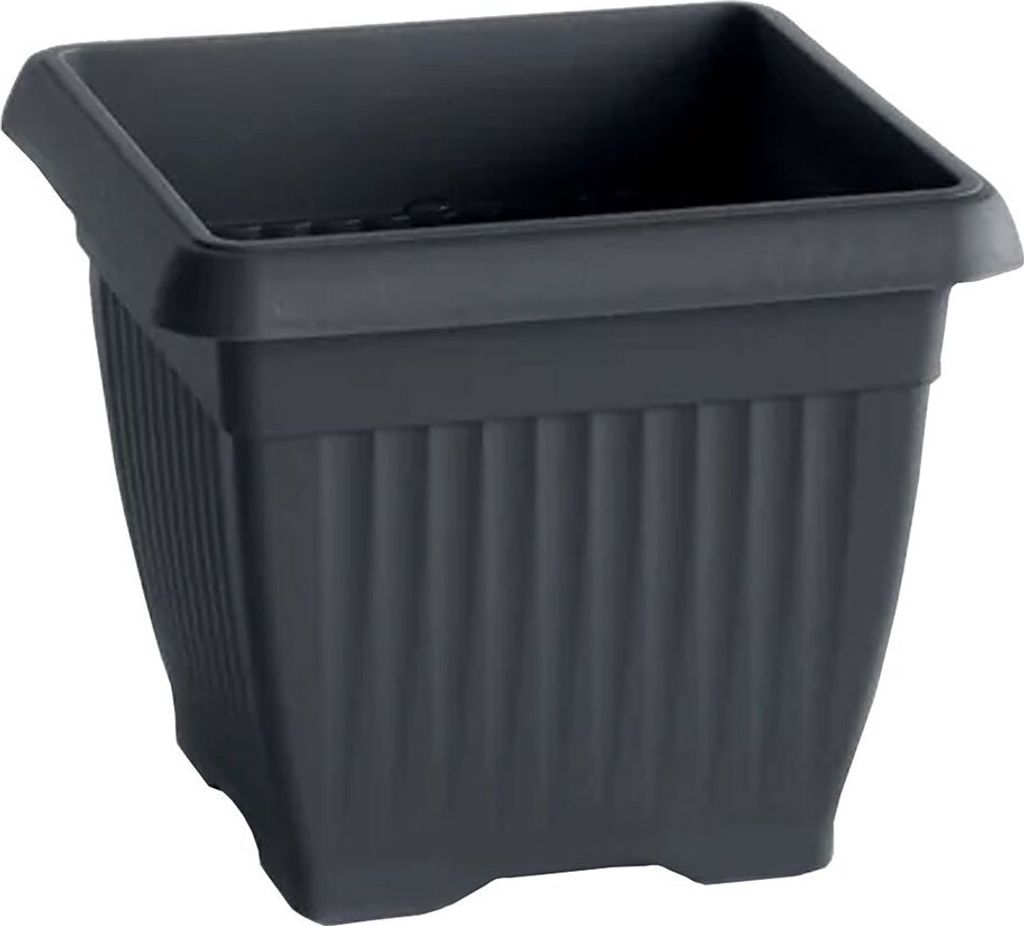 A dark gray square planter pot with vertical ribbed texture on a white background.
