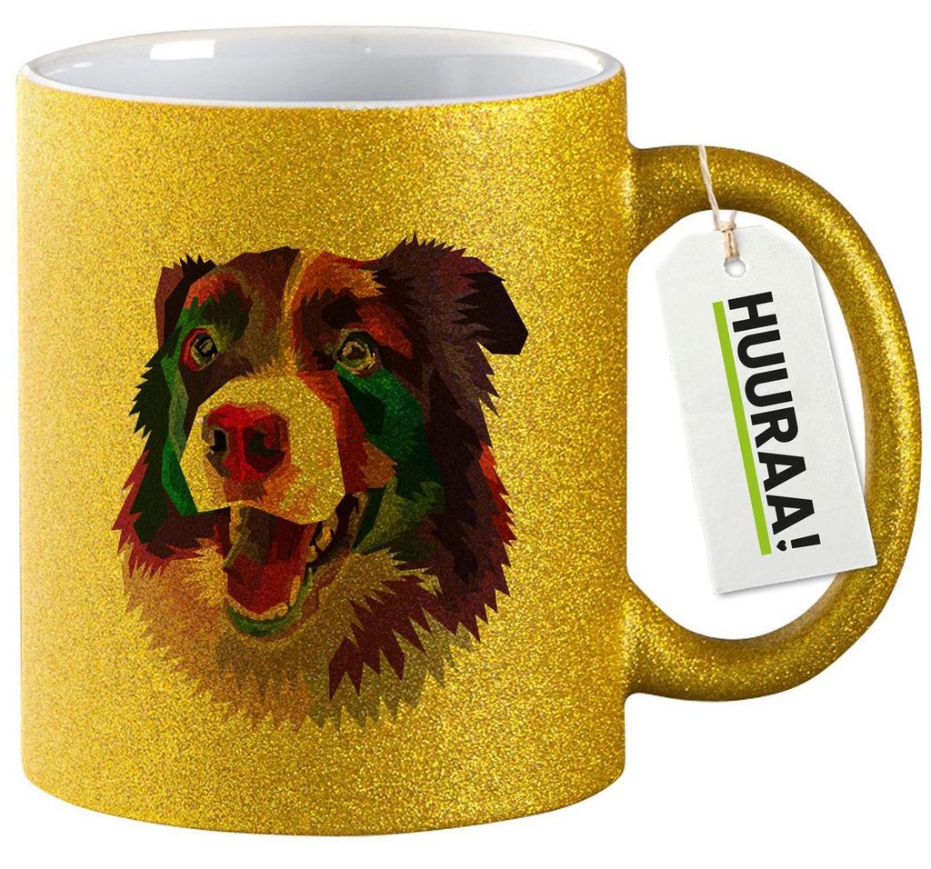 Huuraa Glitzertasse Border Collie Colorful 330ml Gold Keramik Kaffeebecher Geschenkidee