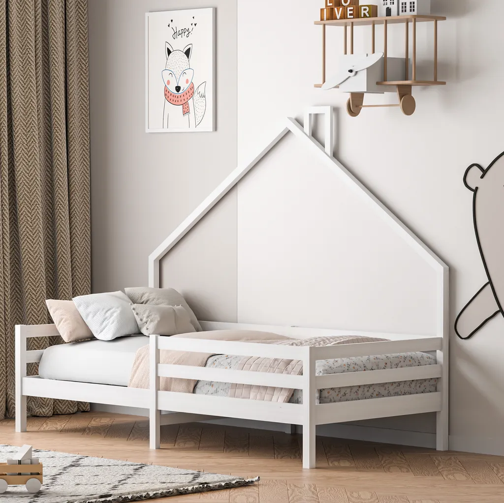 Lit Enfant 90x200 avec Barrière de Sécurité et Toit Cabane Pin Blanc