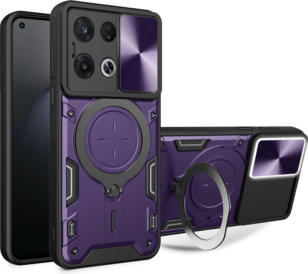 Handyhülle für Oppo Reno8 Pro Dual-Layer Stoßfest Rüstung Hülle mit Dia Kameraschutz und Kreisförmig Ring Ständer Lila