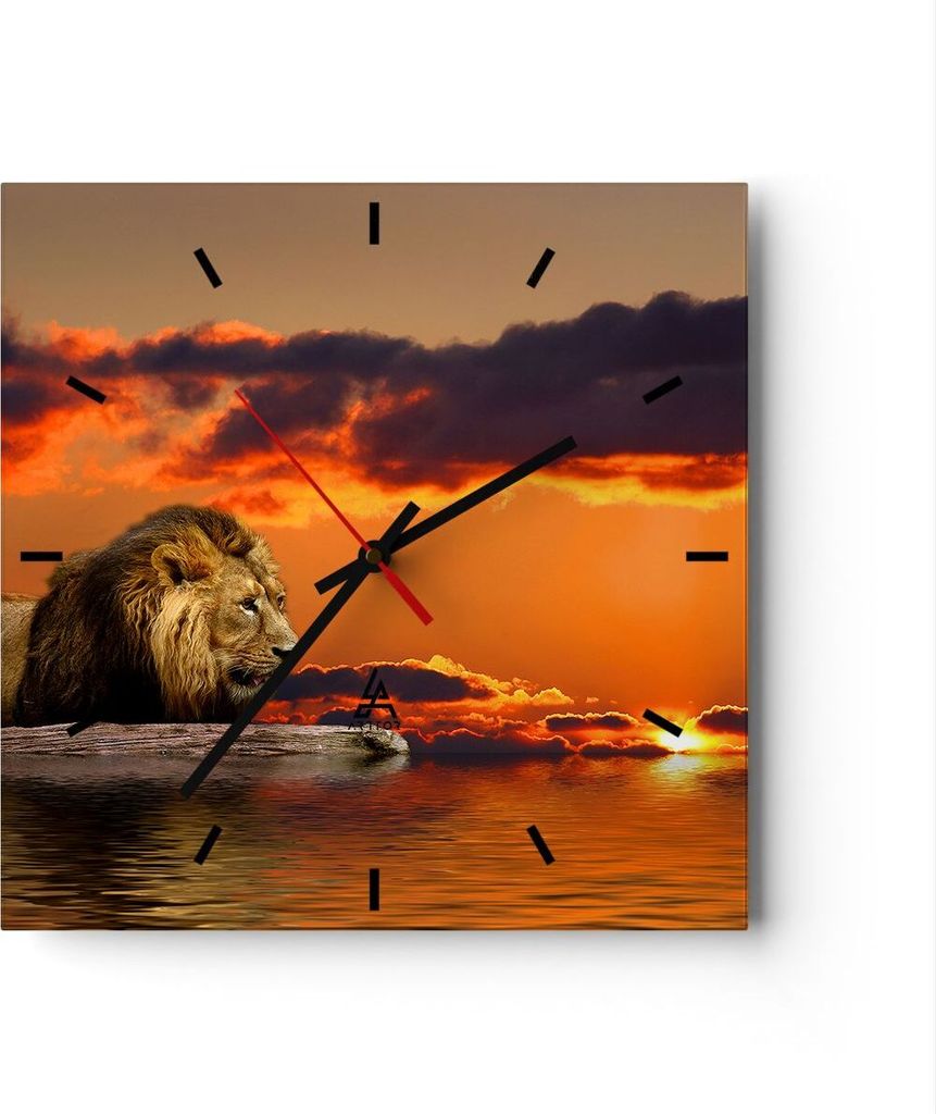 Wanduhr - Quadrat - Glasuhr - Löwe Sonne Landschaft - 30x30cm - Schleichendes Uhrwerk - Lautlos - zum Aufhängen bereit - Dekoration Modern - Wand...
