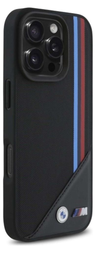 A black iPhone case with BMW M stripes and logos.