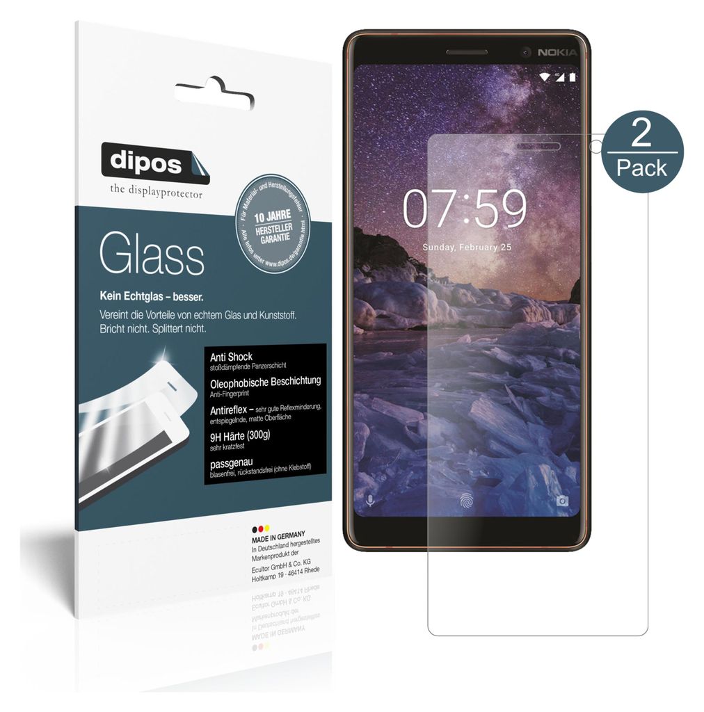 2x Schutzfolie für Nokia 7 Plus matt - Anti-Shock 9H Folie dipos Glass