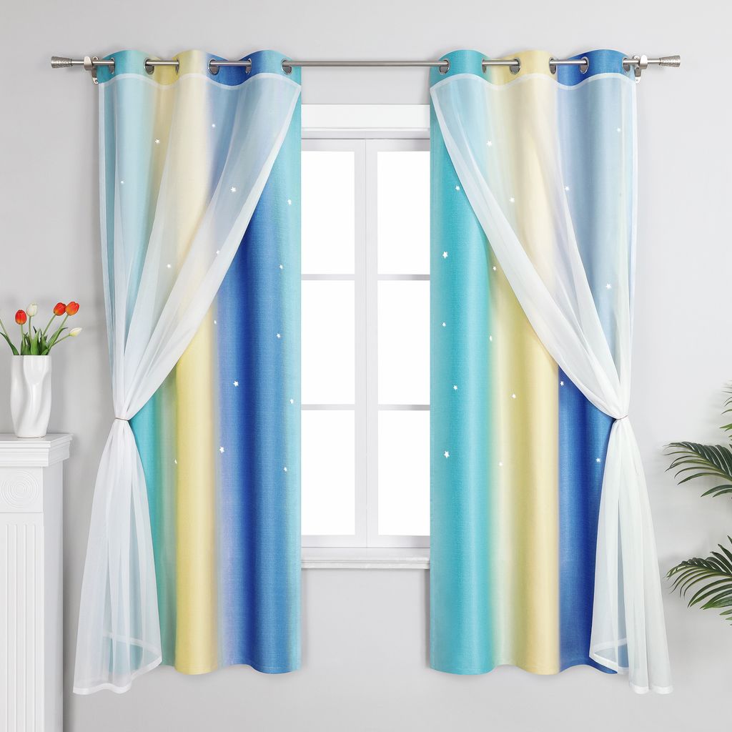 Joyswahl Verdunkelungsvorhänge mit Ösen Sterne Blickdichte Doppelte Gradinen Farbverlauf Thermovorhang für Kinderzimmer BxL 132x210cm Blau