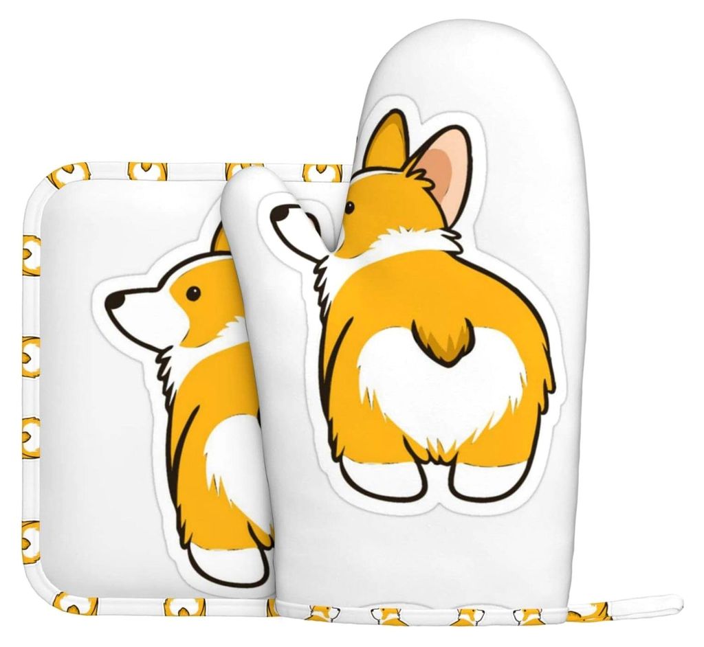 Corgi-Motiv Ofenhandschuhe und Topflappen-Set, rutschfeste, hitzebeständige Silikon-Ofenhandschuhe für Küche und Grill