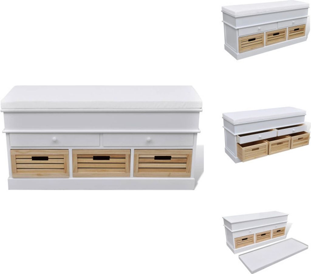 vidaXL Flurbank mit Stauraum und Sitzpolster Weiß 2 Schubladen 3 Kisten - Truhen- & Flurbänke