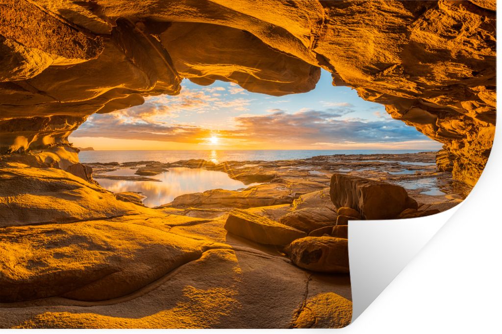 MuchoWow Wandtattoo Wandsticker Wandaufkleber Höhle - Meer - Horizont - Sonnenuntergang 60x40 cm Selbstklebend und Repositionierbar - Wierderver...