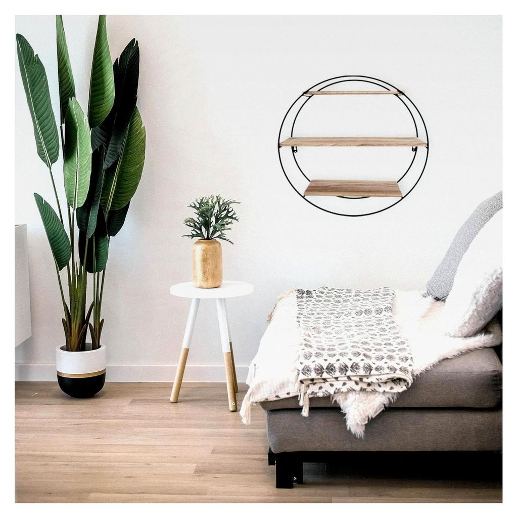 Metall Wandregal Schwarz mit Holzböden Rund 3 Holzböden - 50x19 cm - Hängendes Metallregal - Wanddeko für Wohnzimmer, Schlafzimmer und Kinderzi...