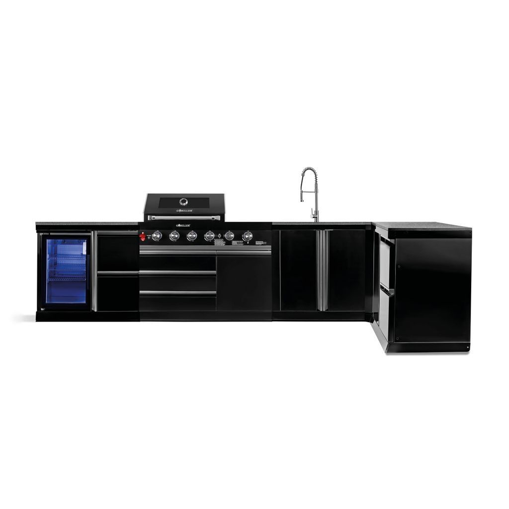GORILLER BLACKBACK XL4 Outdoor-Küche, Gasgrill mit Kühlschrank, Waschbecken, Extra-Arbeitsfläche, Stauraum und Ecke, Edelstahl, Schwarz