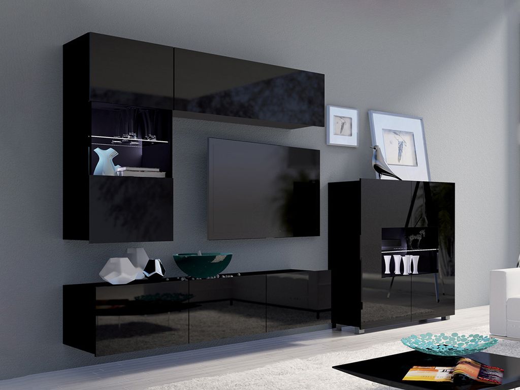 Wohnzimmer-Set CALABRINI-3 Wohnwand Hängewohnwand Schrankwand mit LED-Beleuchtung TV-Schrank Vitrine Kommode Moderne Anbauwand Hochglanz (Schwarz)