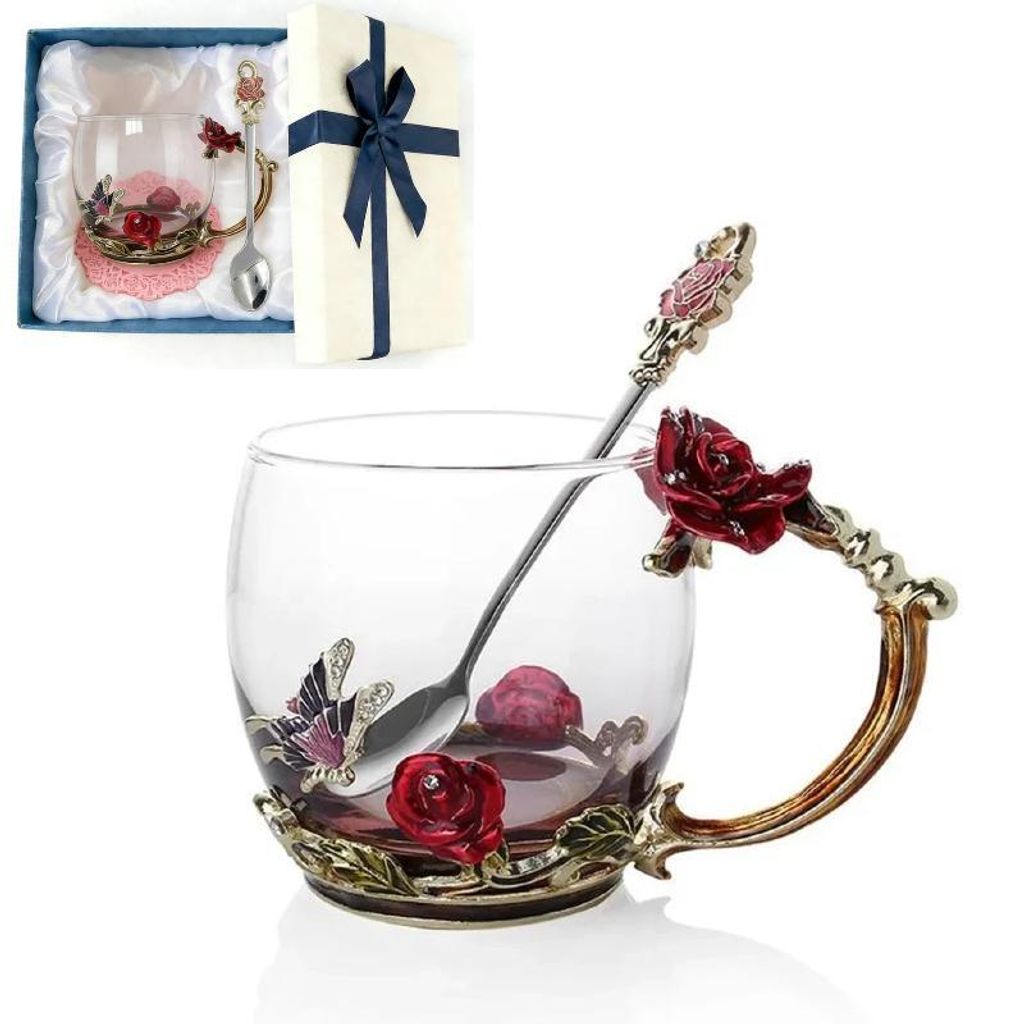 Teeglas Teetasse aus Glas Teetasse Kaffeetassen mit Blumengriff und Löffel as ideale Geschenk für Familie und Freunde.