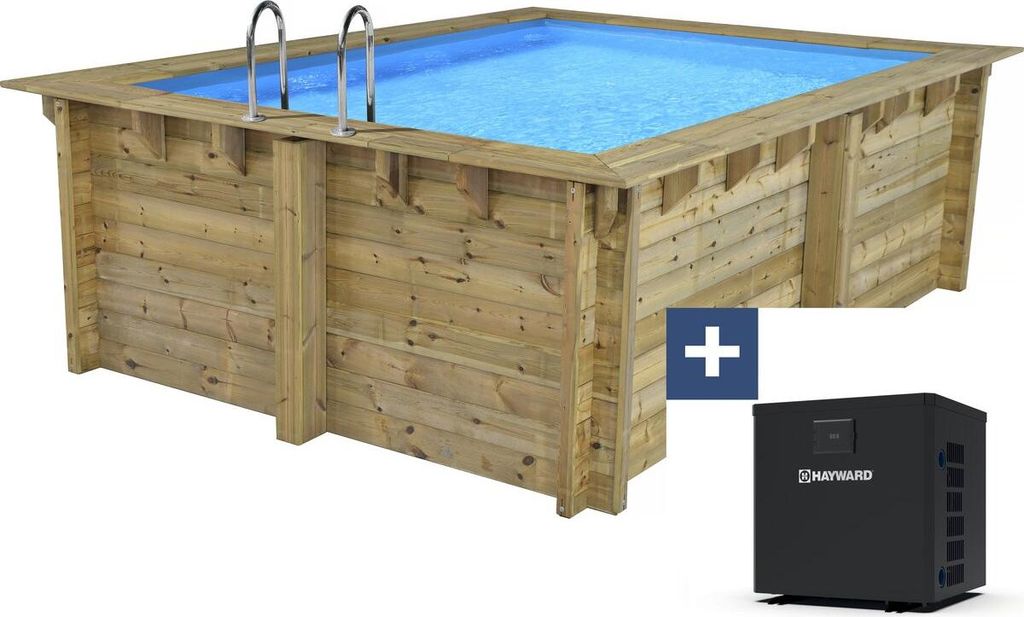 Rechteckiger Holzpool "Caimans 140" - 4,10 x 3,00 x 1,39 M + Mini-Wärmepumpe 3,5 kW - Metall - Grau