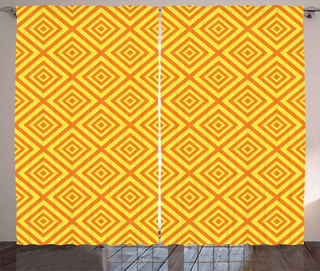 ABAKUHAUS Orange und Gelb Rustikaler Vorhang, Rhombus Gitter, Wohnzimmer Universalband Gardinen mit Schlaufen und Haken, 280 x 245 cm, Orange und Gelb