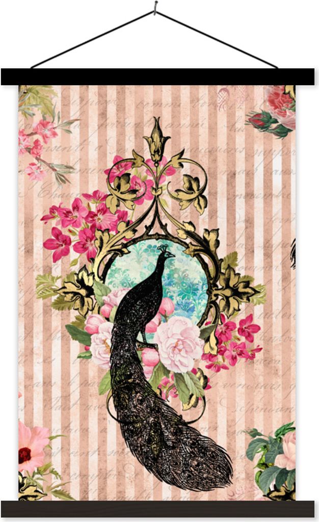 MuchoWow Textilposter Pfau - Rosa - Blumen 40x60 cm mit schwarzem Rahmen - Wanddekorationen