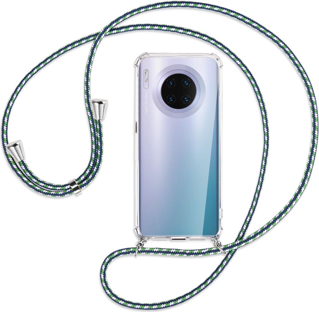 Handykette Backcover-Schutzhülle mit Band (Metall silberfarben) für Huawei Mate 30 Pro - grün/blau/weiß