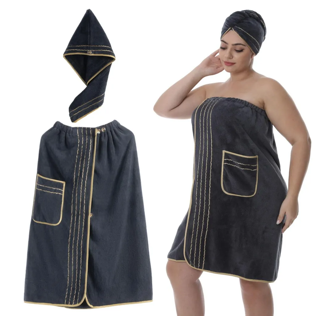 Set Accappatoio Nero Plus Size Cotone | Spugna Morbida con Tasche