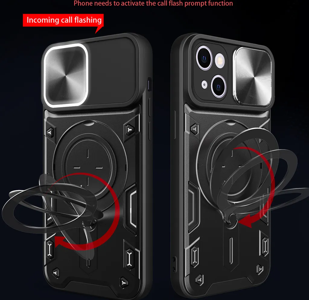 Custodia per iPhone 13 Custodia resistente a doppio strato con copertura della fotocamera e supporto ad anello rosso - 2