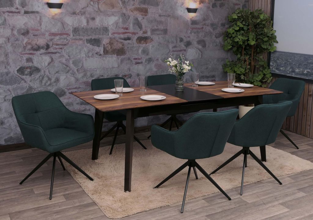 6er-Set Esszimmerstuhl MCW-O47, Küchenstuhl Armlehne, drehbar Auto-Return, Stoff/Textil (270g/m²) petrol-grün