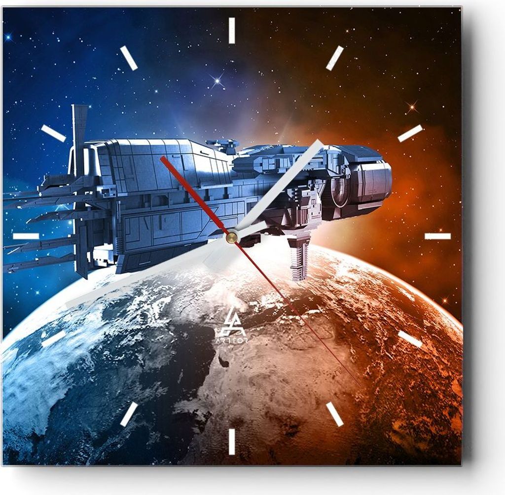 Wanduhr - Quadrat - Glasuhr - Kosmos Sputnik - 40x40cm - Schleichendes Uhrwerk - Lautlos - zum Aufhängen bereit - Dekoration Modern - Wanddekorati...